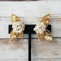 Vintage Clip On Earrings Gold Tone Sequins/Beads & Faux Pearl Statement