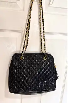 Jennifer‎ Moore Quilted Shoulder Bag Chain Strap Tassel Black Patent