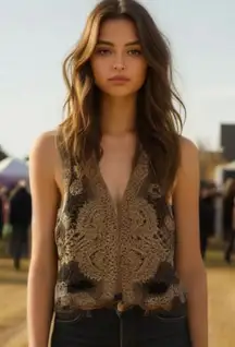 Vintage Silk Vest Lace Embellished Beads Sequin Floral Boho