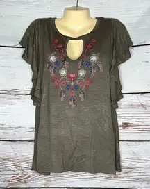 Tru Self NWT Sz S Olive Green - Floral Embroidered Flutter Sleeve Rayon Knit Top