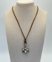 Y2K Boho‎ Flower Pendant Fairy Necklace Suede Cord Rhinestone Adjustable Length