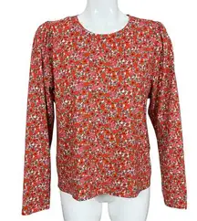 J.Crew  Red Floral Puff Long Sleeve Crew Neck Cotton Tee Size XL