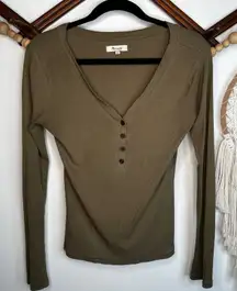 Madewell Olive Green Ribbed V Neck Long Sleeve Henley Top