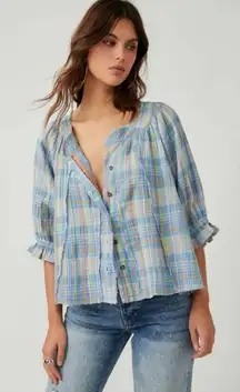 Free People Oversized Bohemian Gauze Lucy Swing Top in Blue Plaid Size Large