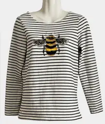 Joules Black and White Striped Long Sleeve Top with Bee Embroidery