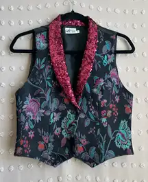 Angelica Vintage Floral Sequined Collar Button Front Vest Sz 10 Black Magenta