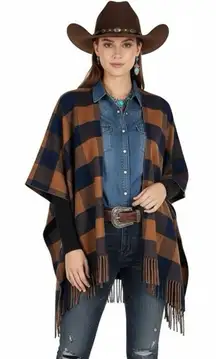 NWT Matilda Jane Poncho Sweater Womens One Size Orange Blue Plaid Fringe Western