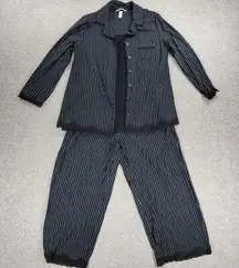Soma Cool Collection Night Pajama Set S/M Black Stripes Lace Trim Crop Button Up