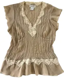 Vintage‎ Y2K Allison Taylor Lace Trim Beige Babydoll Peasant Blouse Petite M