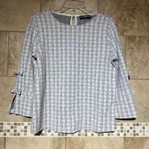 3/4 length sleeves blouse S bow Sleeve Window Pane pattern