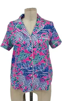 Lilly Pulitzer PJ Woven Short Sleeve Top Plumeria Pink Untamed‎ Hearts Print XXS