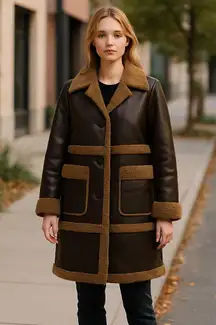 NWT Bearpaw Sherpa Mixed Media Long Jacket Coat Pockets Chocolate Brown