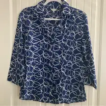 Harve Benard Womens Blouse Button Down L Linen Cotton Blue Geometric Office