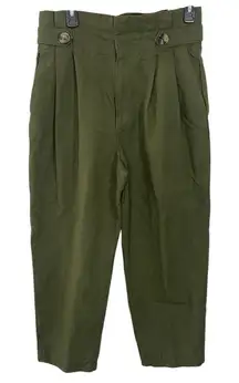 Zara Paperbag Waist Linen Blend‎ Barrel Leg Pants Size MEDIUM Army Olive Green
