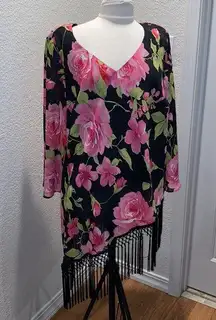 S.L. Fashions Black & Pink Floral V-neck Top & Black Wide Leg Pant 2 pc Sz 24W