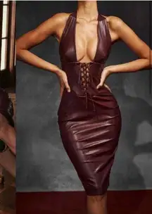 House of CB JAQUETTA Wine Vegan Leather MINI Dress Small