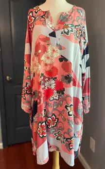 Natori Floral Patterned Beachy Coastal Thin Kaftan Tunic Coverup with Pockets