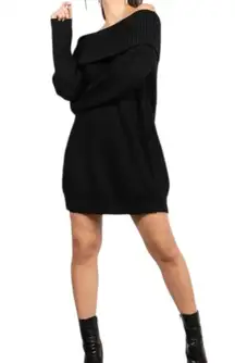 NWT Tobi Womens Off Shoulder Black Knit Sweater Dress Mini Sz M long sleeve