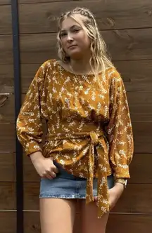 Anthropologie Top Womens XS Mustard Floral Amber Dolman Pleated Waist Blouse NEW