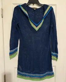 Tommy Bahama Blue V-Neck Mesh Crochet Hooded Mini Dress Swim Cover, Size Medium