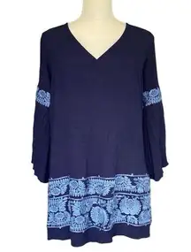 Anthro Uncle Frank Women's M Navy Blue Embroidered Long Sleeve Mini Dress Boho