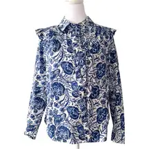 Charter Club Top Floral Long Sleeve Button-Up Ruffled Collar Blue White PM