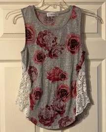 Able Tank Top Pink Rose Print Beige Crochet Detail Small