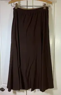 CLARA S. Brown MIDI Skirt Flowy Elastic Waist Slit Boho L Comfort READ Pull On