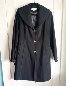 Wool Cashmere Blend Midi Length Large Rounded Neckline Pea Coat Black