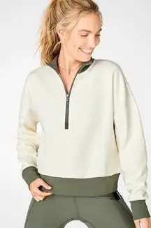Fabletics Catarina Mock Neck Half Zip Pullover white dove/ safari sz small FLAWS
