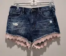 Free People Denim Mini Shorts Lace Crochet Trim Distressed Size 27 Boho Girly