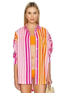 NEW BEACH RIOT PINK WHITE STRIPED ALEXA COVERUP BUTTON DOWN TUNIC SHIRT TOP S/M