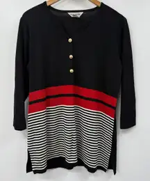 Misook Sweater‎ Womens Size Large Black Red Pullover Stripped Crewneck Knit
