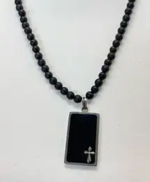 Silver Tone & Black Bead Rosary Beaded Long Necklace Cross Religious Jewelry