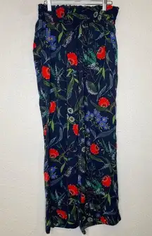 Aerie  Floral Silky Wide Leg Casual Pull On PJ Pants EUC Sz M Colorful Navy Blue