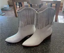 White rhinestone fringe boots