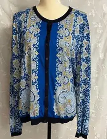 Talbots Cardigan Womens Yellow Blue Paisley Print  Long Sleeve Button Front EUC