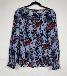 Kobi Halperin Blue Red Floral Print Blouse Womens S Boho Flowy Shirt Sheer