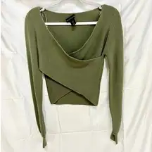 House of Harlow 1960 Long Sleeve Ribbed Cross Over Front Cropped Sweater Green S