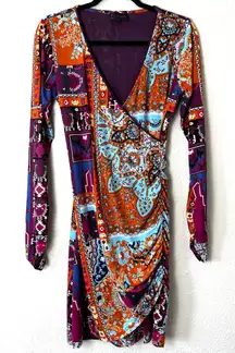 Hale Bob Paisley Purple & Orange Long Sleeved Dress Size Medium