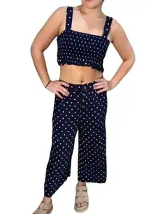 AMERICAN EAGLE Two Piece Pant Set Pantsuit Navy Polka Dot Wide Leg Size XS