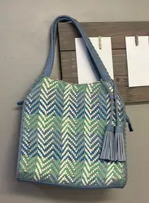 Steven by Steve Madden Blue Basketweave Shoulder Purse w/ Hanging Tassels- large