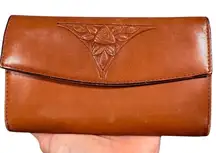 Vintage Rolfs Women's Brown Leather Wallet Floral Embossed Checkbook