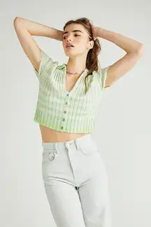 Free People NWT Flirt Cardi‎ Short Sleeve Sweater Green Cream Stripe Size Medium