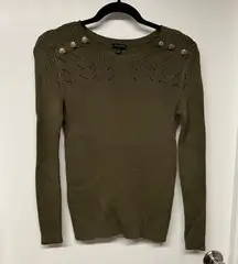 Talbots Womens Olive Green Scoop Neck Sweater Brass Buttons Open Knit Size XS