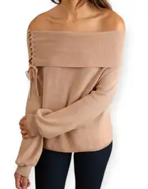 Umgee NWT  Women’s Drawstring Neckline Cowl Neck Off Shoulder Sweater Tan Small