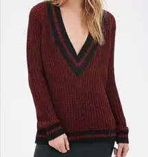 ✨Forever 21 Cable Knit Burgundy Varsity V Neck Striped Trim Sweater✨