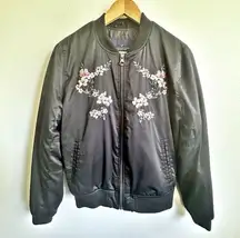 AMERICAN EAGLE | Members Only Bomber Jacket Black Embroidered Floral | Medium