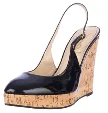 Yves Saint Laurent Black Patent Leather Slingback Cork Wedge Platform Size 40