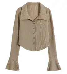 Commense Women's Collared Button‎ Up Knit Shirt Long Sleeve Light Brown Medium